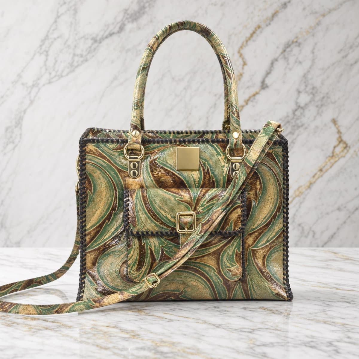 Green & Brown Leaf Embossed Crossbody