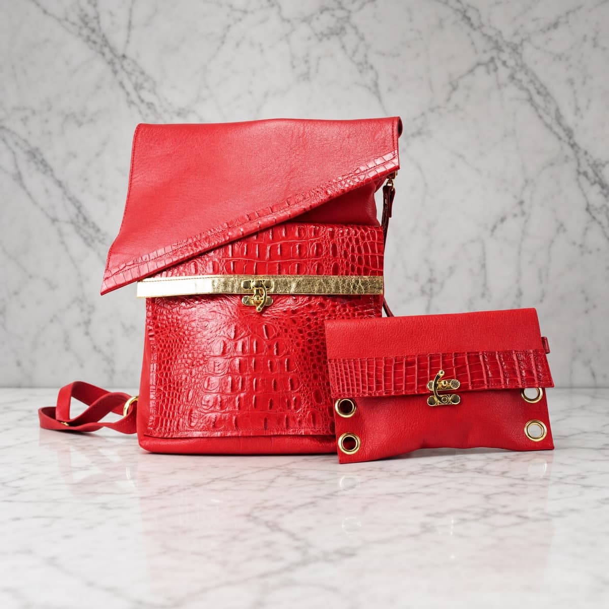 Handmade Red Leather Gator Embossed Backpack