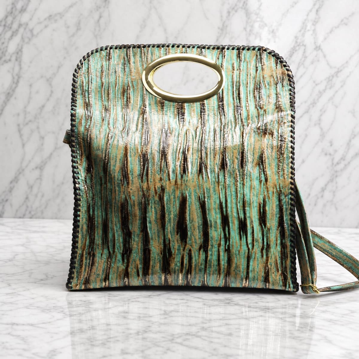Turquoise & Brown Embossed Driftwood Leather Crossbody Tote